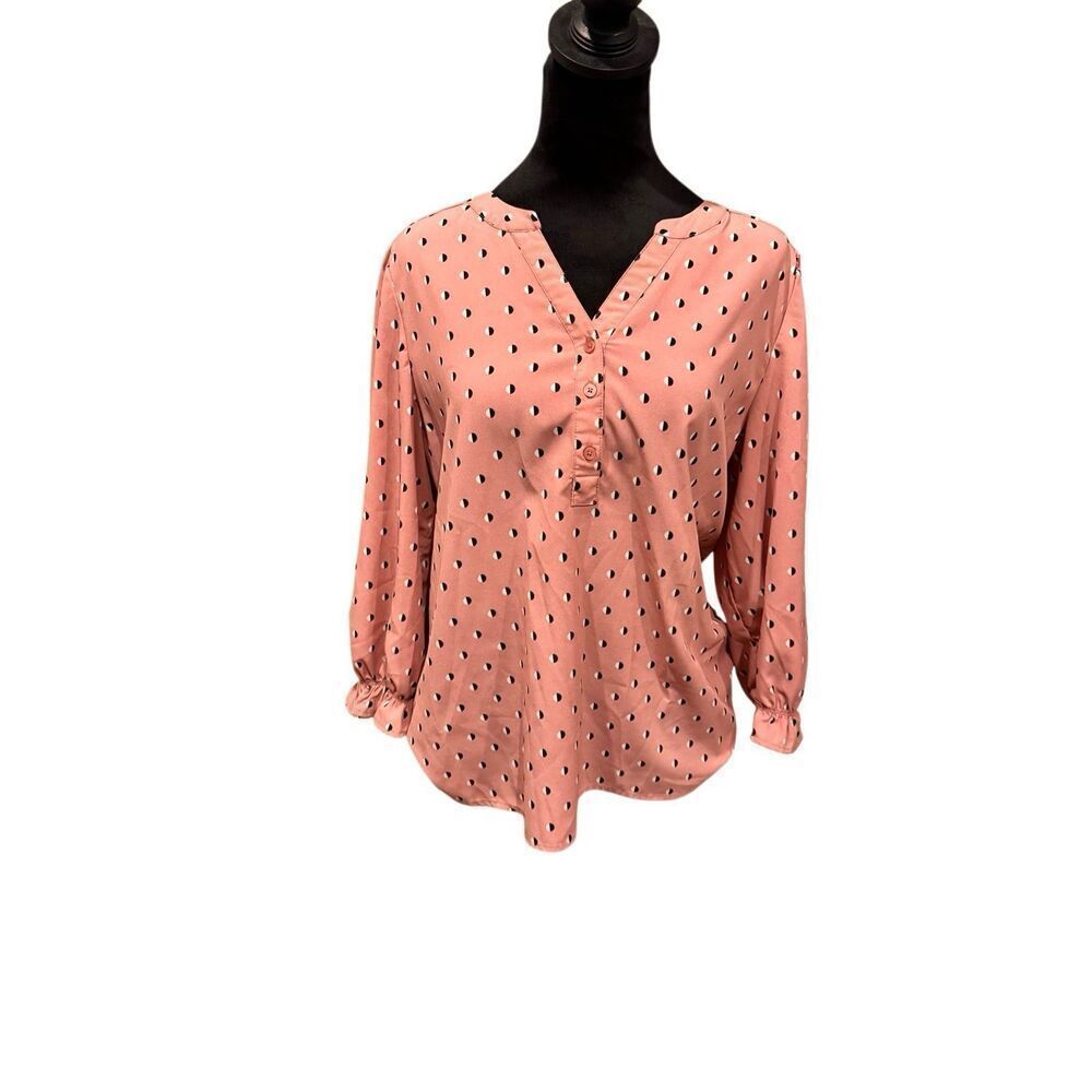 Como Black Blush Polka Dot Blouse Size M Split Neck Button Front